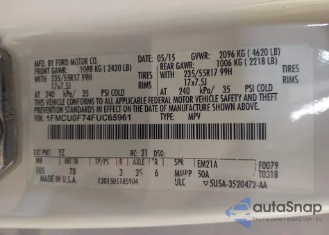 2015 Ford Escape S из США, поврежденный, VIN 1FMCU0F74FUC65961